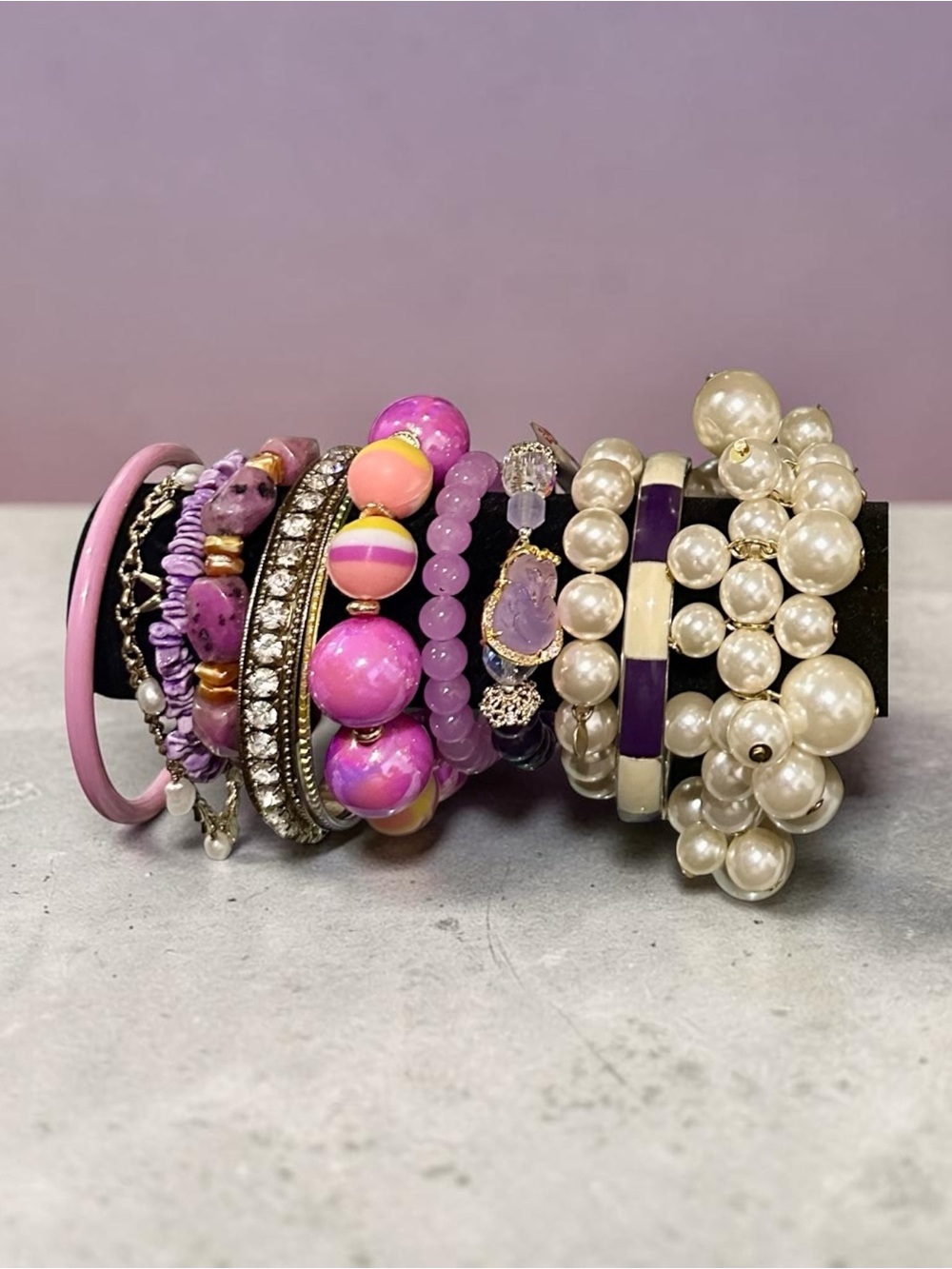 Custom Purple Pink Beaded Bracelet Stack Chunky Faux Pearl Bangles